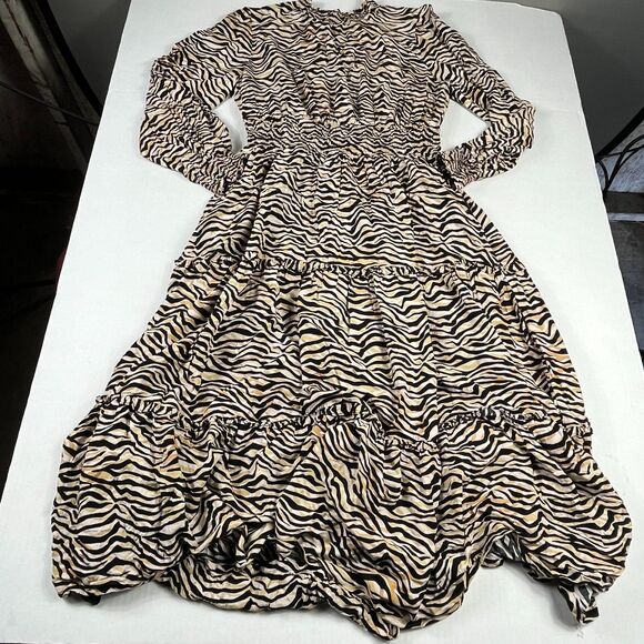 Lost Wander Cant Be Tamed Long Maxi Dress Zebra Print Smocked Long Sleeve MEDIUM - Picture 1 of 13